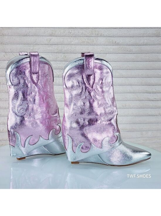 Azalea Wang Shoes - Show Off By Azalea Wang Silver Metallic Fold Over Western Wedge Ankle Boots
